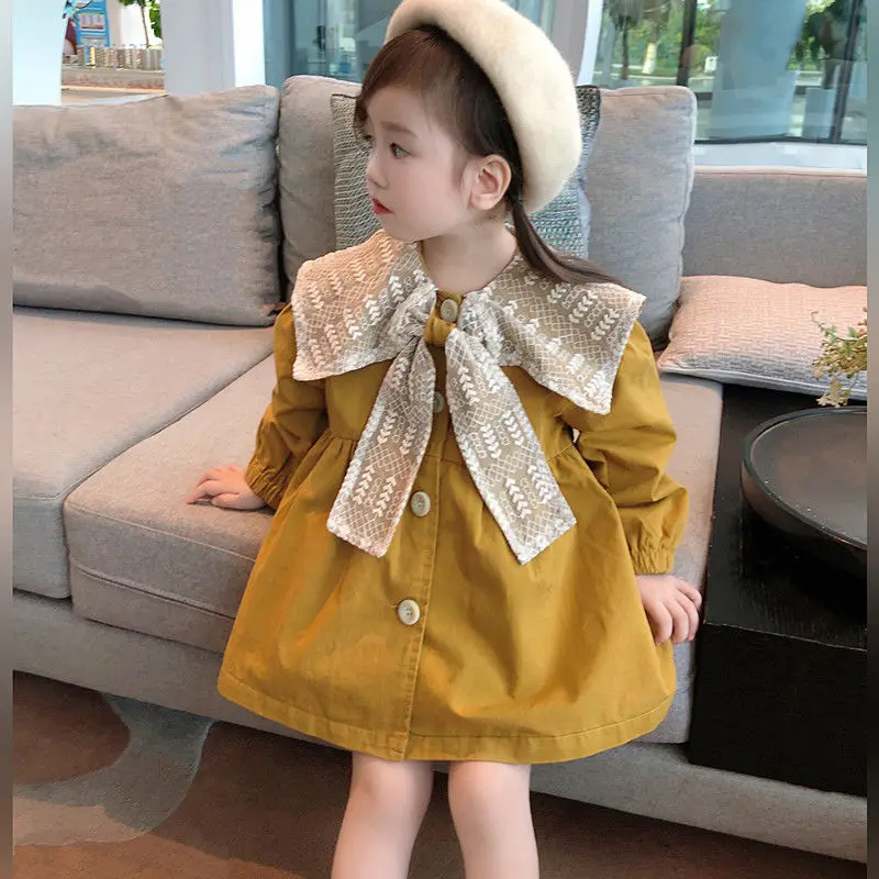 

Spring and Autumn Girls Trench Coat Fashion New Style Children's Doll Collar Korean Edition Medium length Jacket 80-130cm
