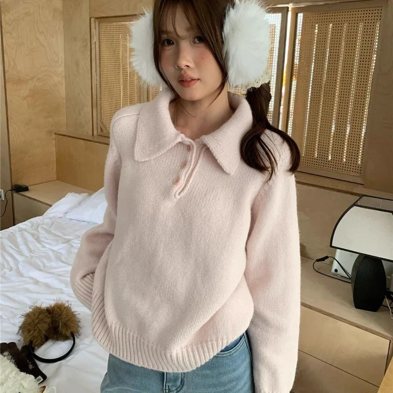Korean Wear Lapel Sweater Button-down Long Sleeve Knitted Sweater Women's Fashion Commuter Loose Versatile Skinny Pullover