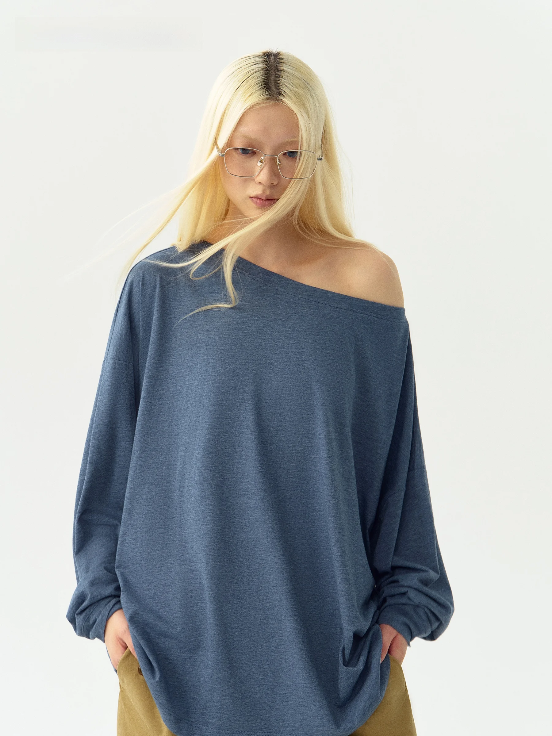 VERMO Wool Cotton Blend Oversized Long Sleeve Knitted T-Shirt Casual Style One-Shoulder Color Texture Women's Top