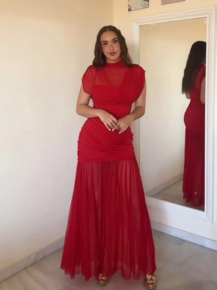 Hh mulher elegante chique emenda design zíper tule praia vestido de festa verão feminino sexy sem mangas plissado midi vestido mujer