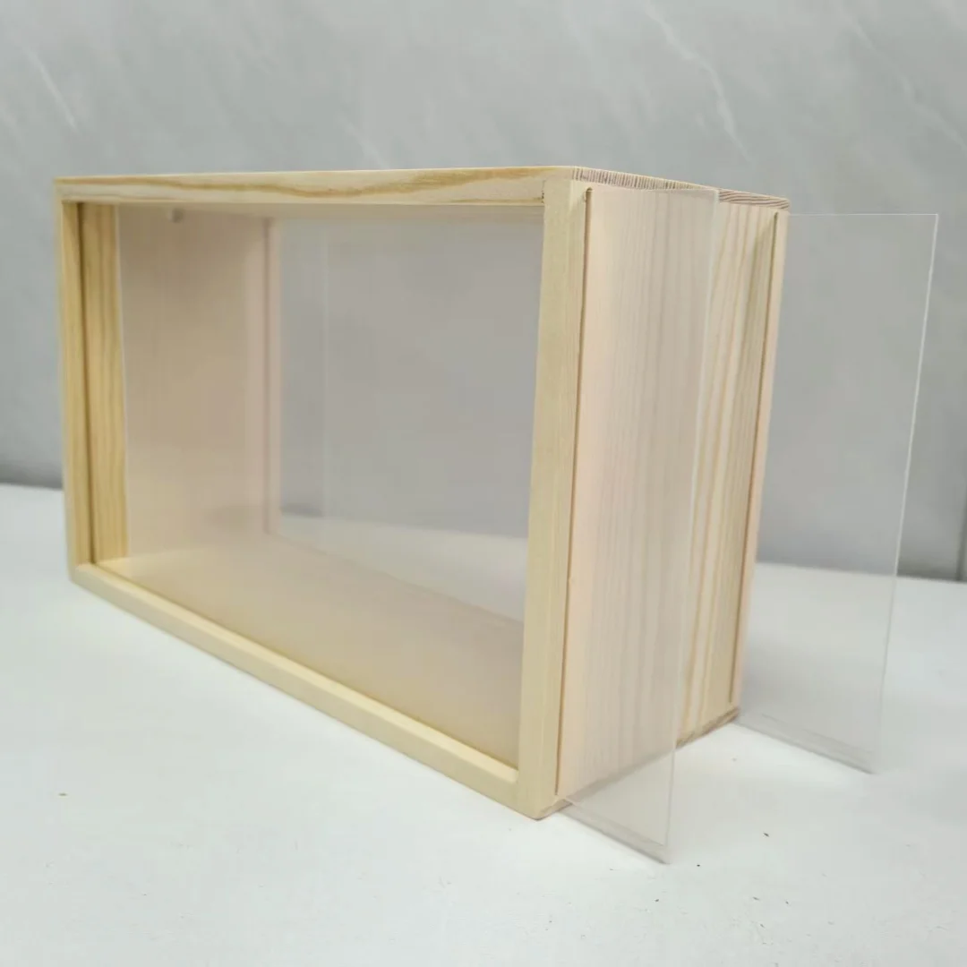 1-Piece Rectangular Solid Wood Double-Sided Acrylic Display Box 3D Hollow Frame with Polished Acrylic Surface, Dust-Proof Double