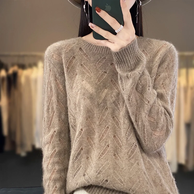 Spring New Ladies 100% Wool Soft Breathable Sweater Round Neck Hollow Out Pullover Casual Knitted Thin Sweater Slim-Fit Tops