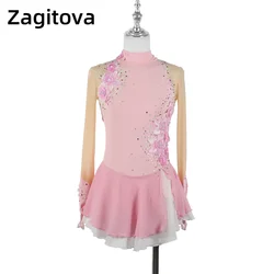 Zagitova Figure Skating Dress For Women Girls Ice Skating Skirt Performance Competition Pink Gradient Colored Flowers