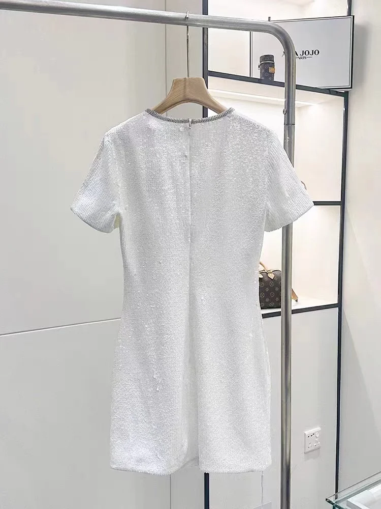 Fashion Floral Buttons Dress women Chic Sequins Beaded Round Neck Slim Short Sleeve Female 2024 New Mini Robe