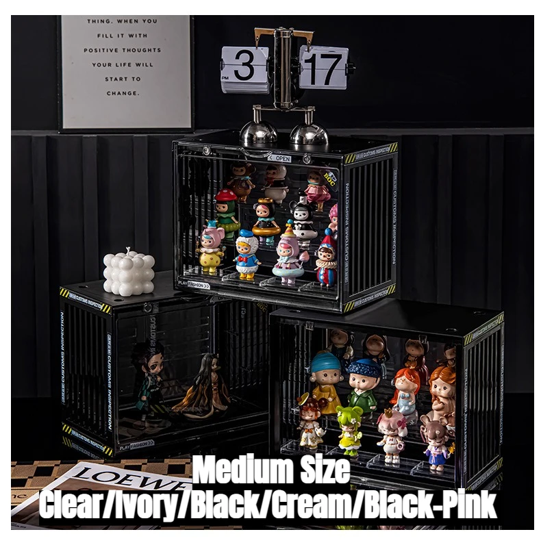Clear Acrylic Dustproof Cabinet for Popmart Anime Figures Blind Box - Medium 30x17x23.5cm Clear/Ivory/Black/Cream/Black-Pink