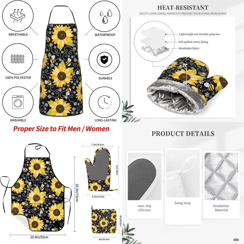 

Sunflower Silicone Oven Mitts, Pot Holders, and Apron Set - 5-Piece Kitchen Accessories with Heat-Resistant Gloves and BBQ Pads