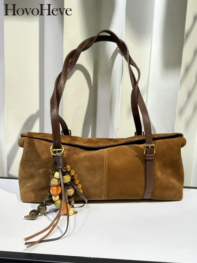 Winter Women Spliced Suede Leather Handbag Vintage Casual Totes Large Capacity Shoulder Bag Vintage Beading Buckle Work Bags