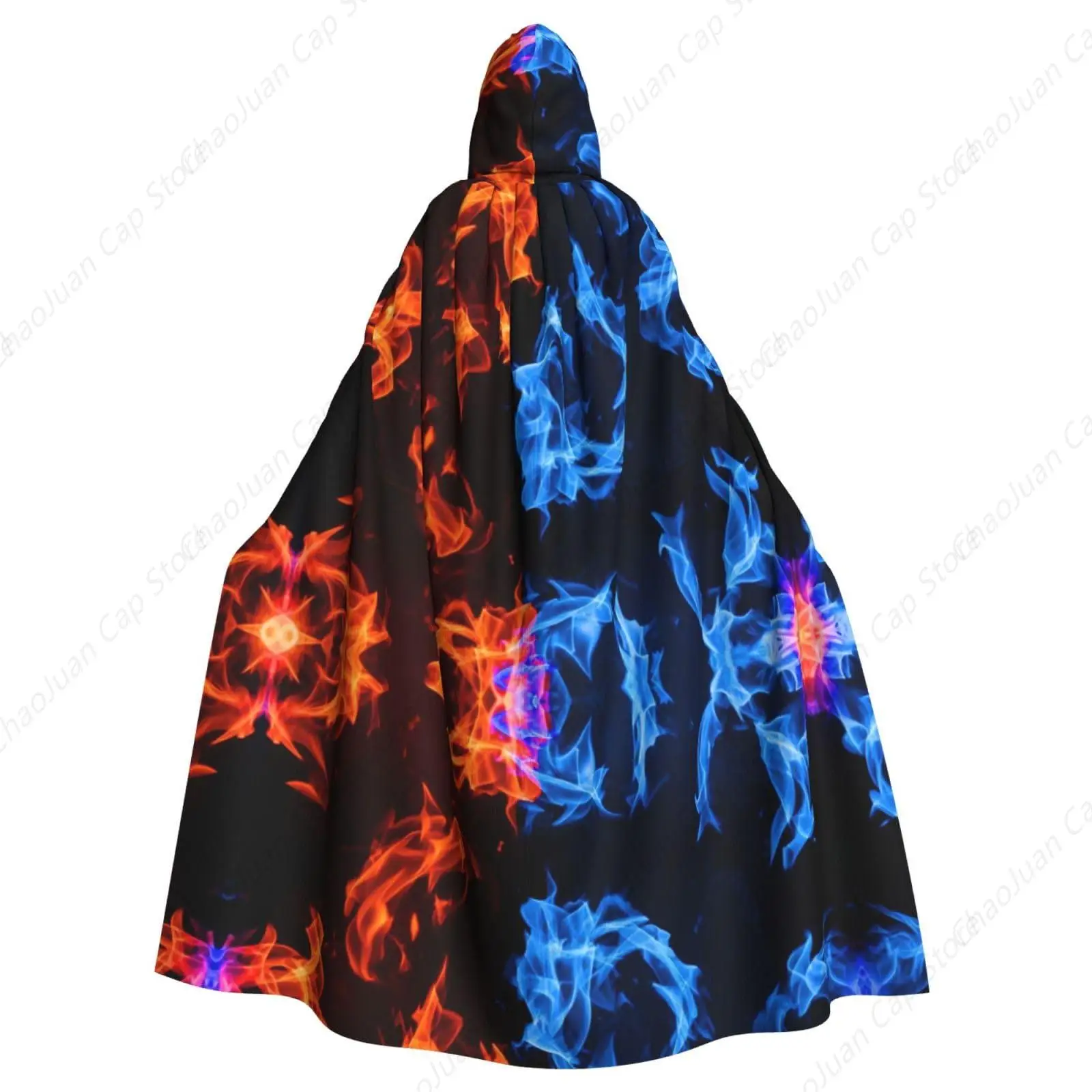 Halloween Robe Hooded Cloak Costume, Full Long Hooded Cloaks Cape Knight Cloak for Adult, 58 inch (Red Blue Fire Balck Cloak)