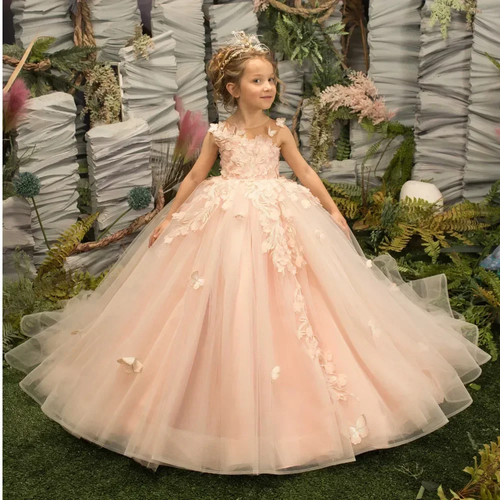 For Kids 3D Floral Butterfly Appliques Princess Communion Pageant Pink Sleeveless Flower Girl Dresses for Wedding Party Dress