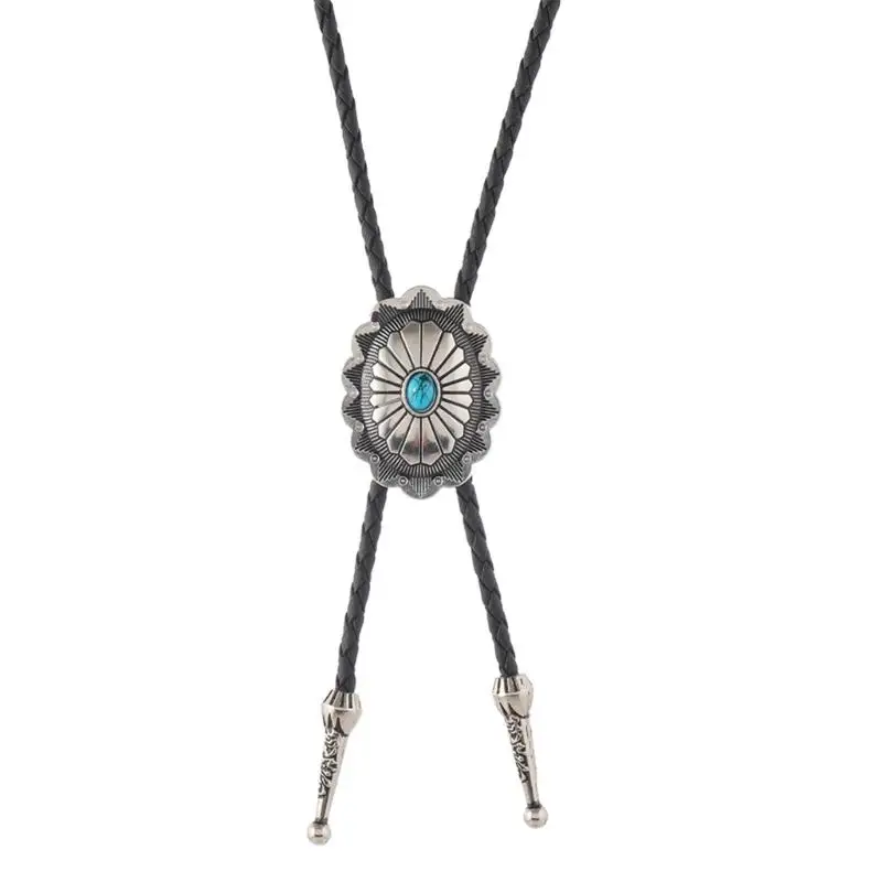 

652F Turquoises Inlaid Flower Charm Western Leather Bolo Tie Necklace For Men Women