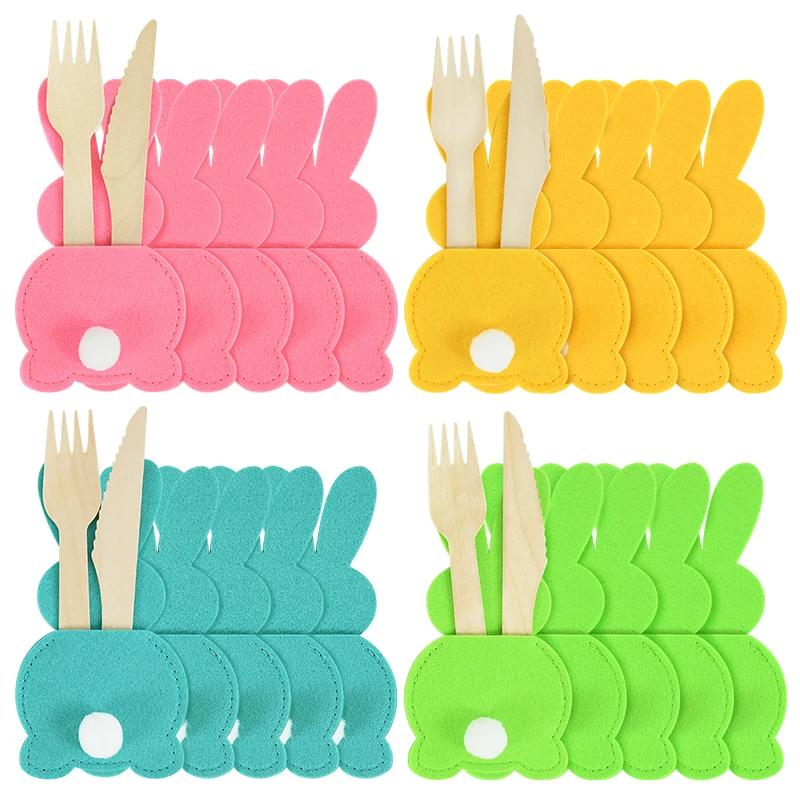 

4pcs Easter Bunny Cutlery Knife Fork Cover Table Rabbit Felt Cutlery Holder Bag Happy Easter Birthday Party Tableware Decoration