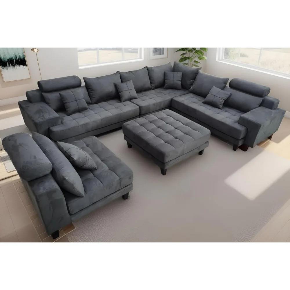 

5-piece set of L-shaped/U-shaped living room high back headrests reversible modern dark grey microfiber fabric sofa set