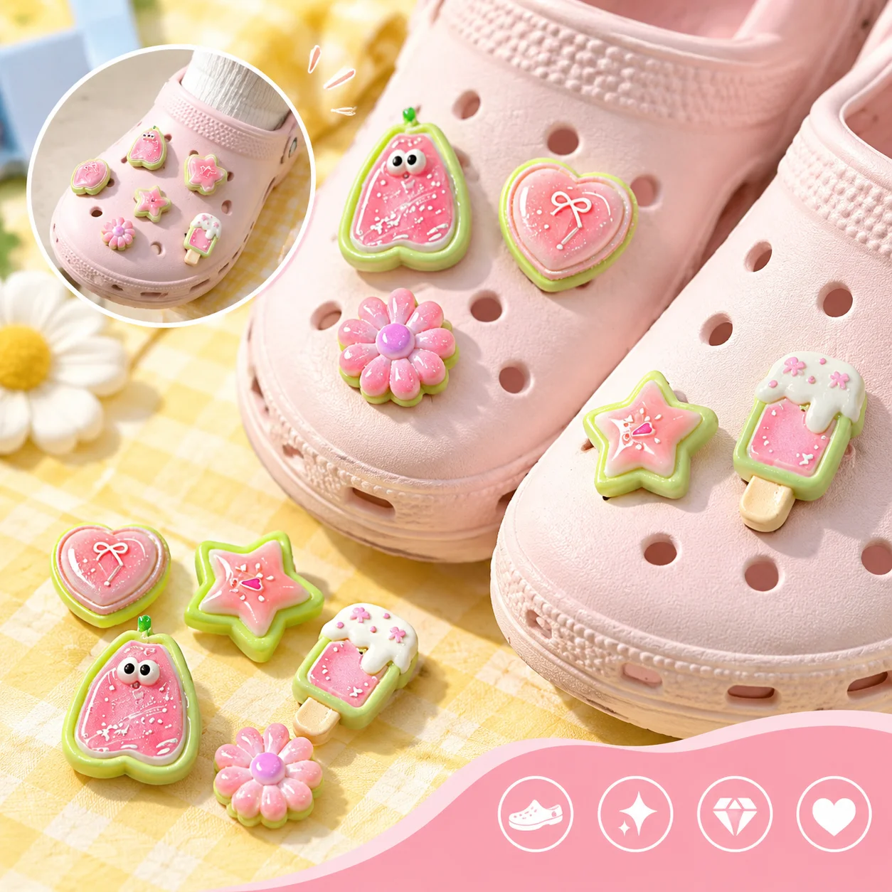 16pcs Mixed Pink Guava Themed Resin Shoe Charms - Cute Fruit & Sweets Decor for Clogs & Beach Bags