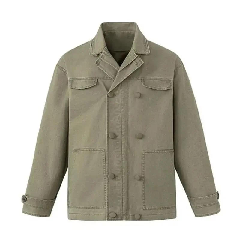 Lapel Double Breasted Washed Men's Cargo Jacket Multi Pocket Niche American Vintage Spring Autumn Casual Outer Coat BSC5
