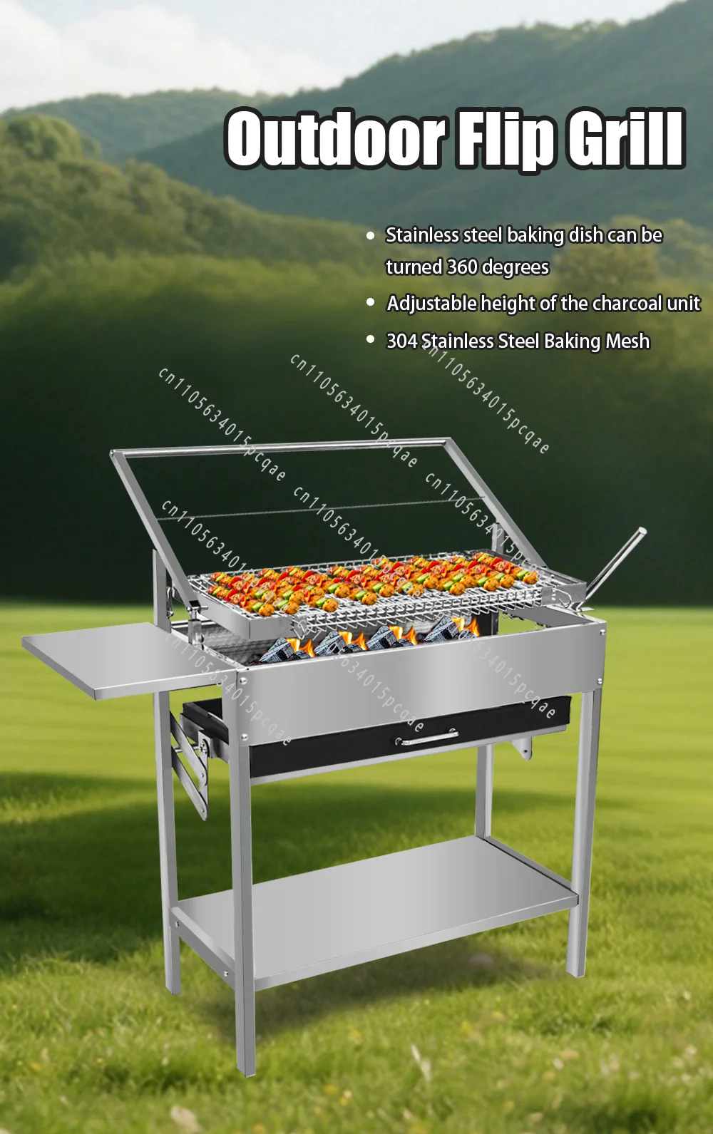 Stainless Steel Basket Net Rotating Charcoal Flip BBQ Grill Tool Outdoor Cooking Portable Adjustable Folding