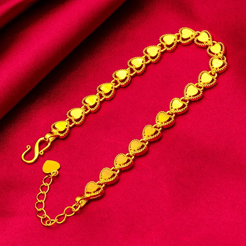 Mylux Jewelry Heart Bracelet for Women, 24K Gold, AU999 | Polished heart charms on delicate chain, sleek and radiant for daily w