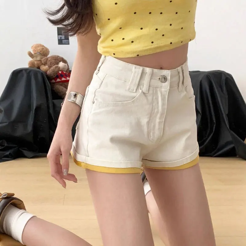 

Fashionable Hotsweet Rolled Edge Denim Shorts Summer High Waist A-Line Female Clothing Spliced Retro Solid Color Straight Shorts