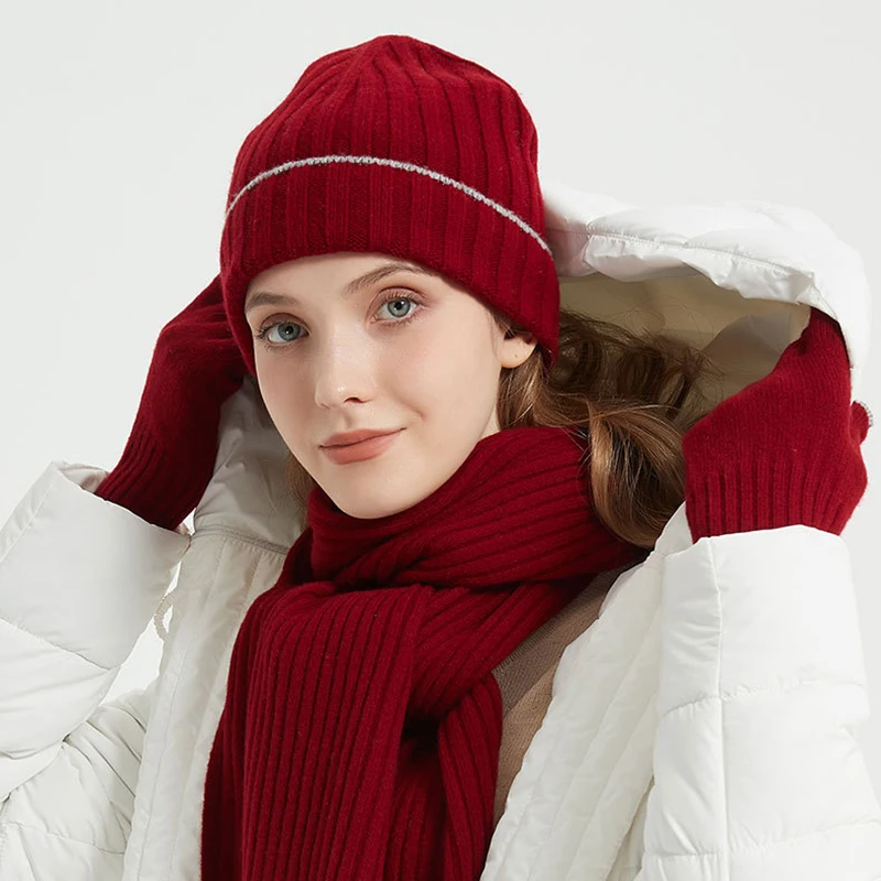 Hat Scarf Gloves Set Women Winter Beanie Wool Knit Cap Warm Soft Skiing Accessory For Autumn Cold Weather Outdoors Sports