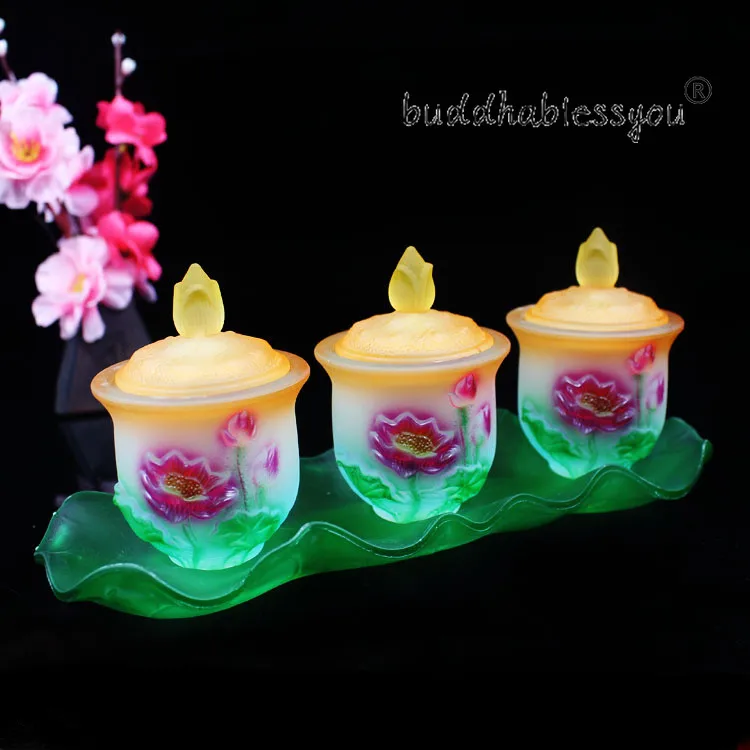 3pcs/set Buddhist Supplies Fortuna Cup Lotus Glass Cup Buddha Water Supply Cup