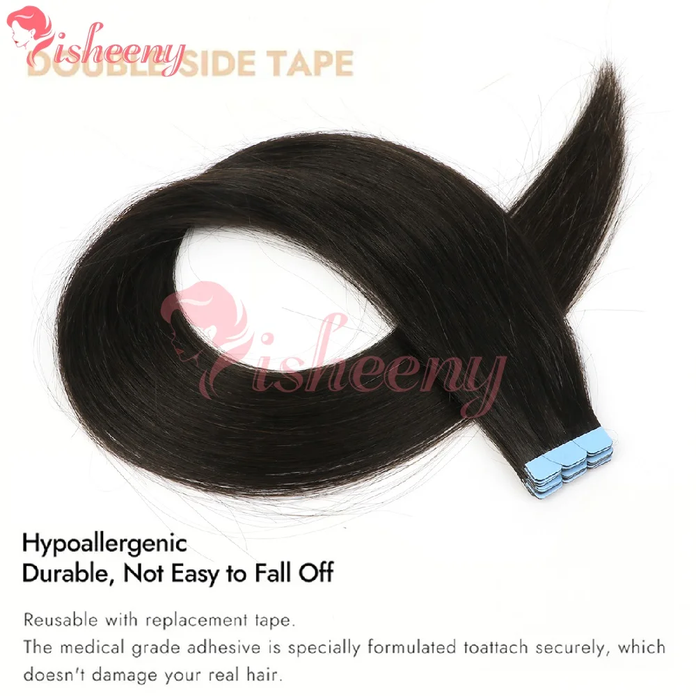 Isheeny Mini Tape In Human Hair Extensions American Blue Strong Tape Reusable Seamless Invisible Tape Hair Extensions Soft Silky Real Human Hair Multiple Colors For Women