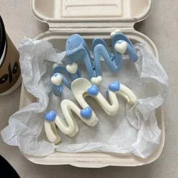 2pcs Cream Color Blue Heart Wave Shaped Hair Claw Clips for Women Sweet Cute Irregular Large Clip Ponytail Clip Hairpins 11CM