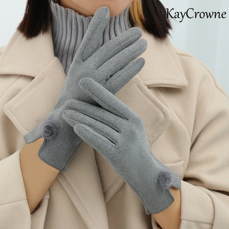 KayCrowne New Fashion Grace Lady Gloves Women Winter Elegant Pom Pom Touch Screen Driving Warm Windproof Black Glove G222