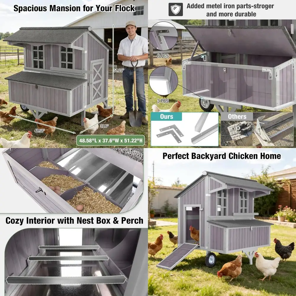 

Portable Wheeled Chicken Coop for 4-6 Hens with Nesting Boxes, Wooden Rabbit Hutch, UV-Protected for Backyard Use
