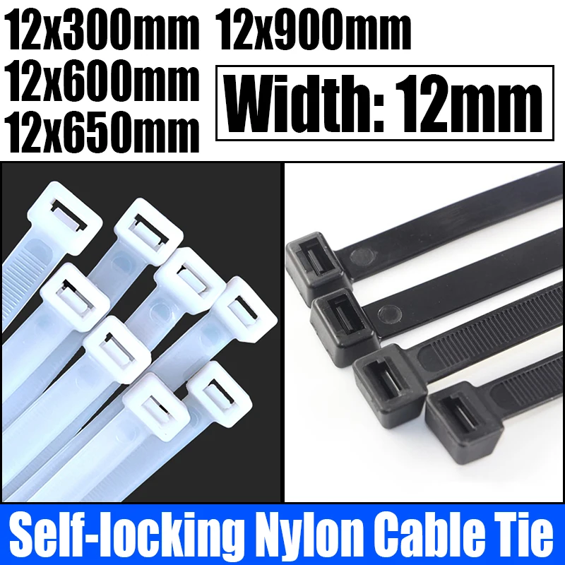 

100PCS White/Black Self-locking Plastic Nylon Cable Tie Zip Wrap Strap Nylon Cable Tie Cable/Wire Fastening Ring 12x(300-900mm)