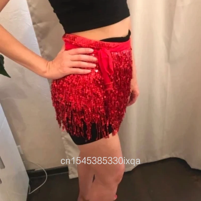 24 Colors Women's Bellydance Tassel Belt 4 Rows Strips Rectangle Hip Scarf with Sequins Fringes for Dance Clothing Accessories