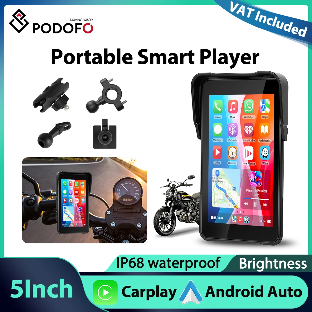 Podofo 5'' Pionowy Ekran Motocyklowy z Obsługą Carplay i Android Auto, Monitorowanie Ciśnienia w Oponach, Wodoodporność IP68, Regulacja Jasności, Odtwarzacz Motocyklowy