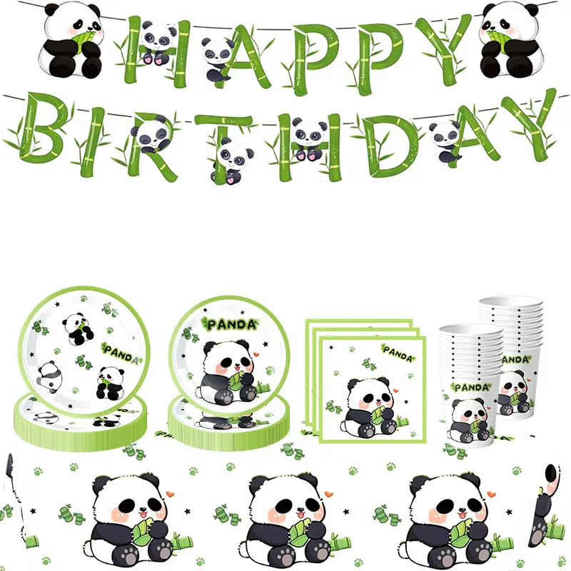 Happy Panda Theme Birthday Party Decoration Set Tableware Paper Plates Cups Napkins Tablecloth Banner Backdrop Stickers Supplies