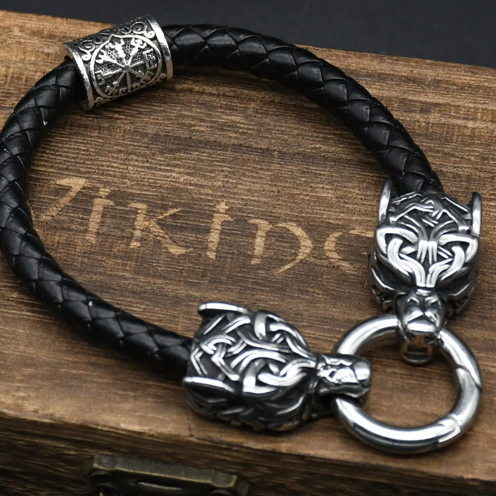Stainless Steel Wolf Head Bracelets For Women Men Viking Rune Beads Leather Bracelet Jewelry