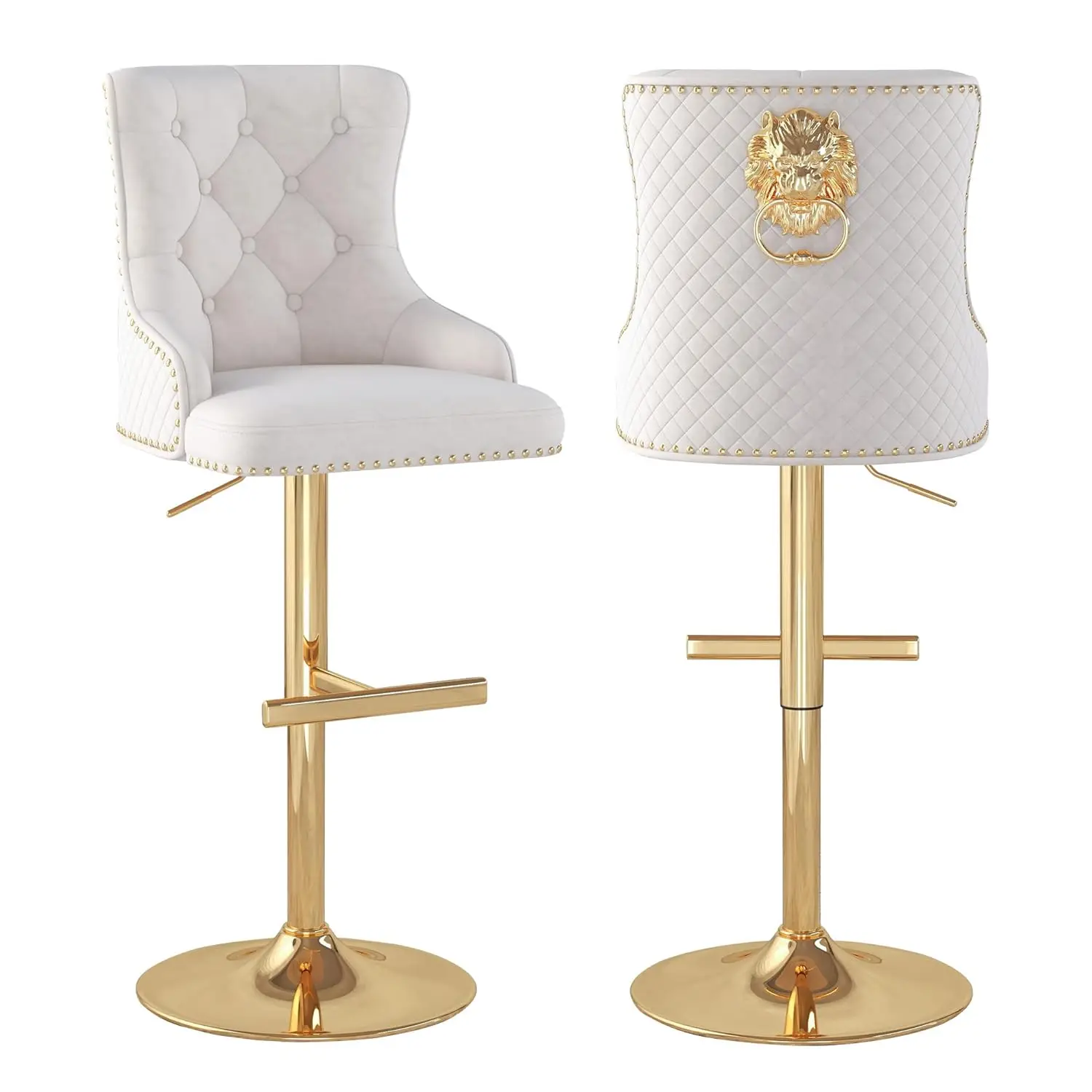 

Velvet Adjustable Swivel Bar Stool Set 2 Gold Base Pull Ring Nailhead Kitchen Counter Beige, Customized