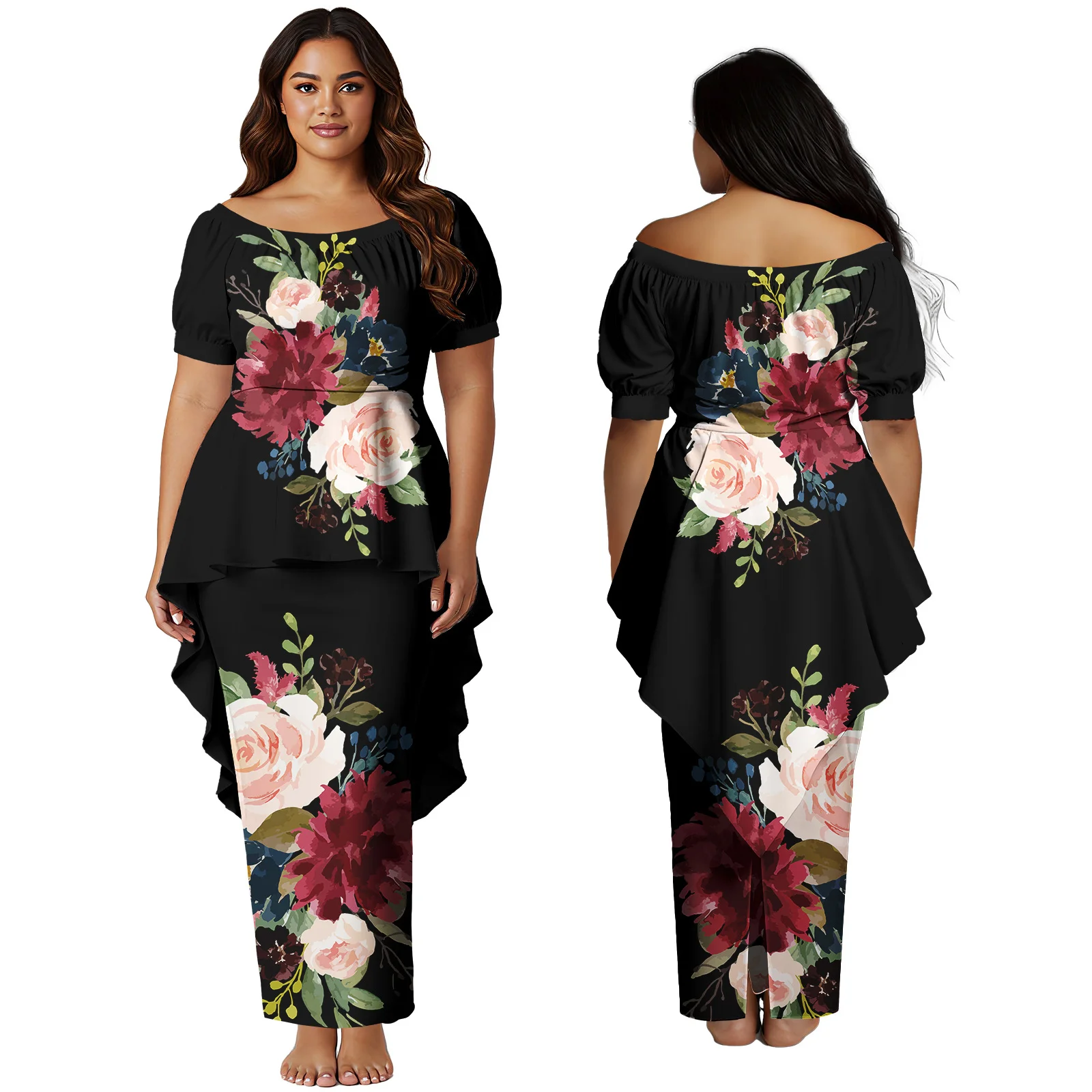 Tout nouveau Design robe Maxi personnalisée haut de gamme hawaïen Puletasi Samoan manches courtes jupes longues Polynésien Puletasi 2 pièces ensemble robes