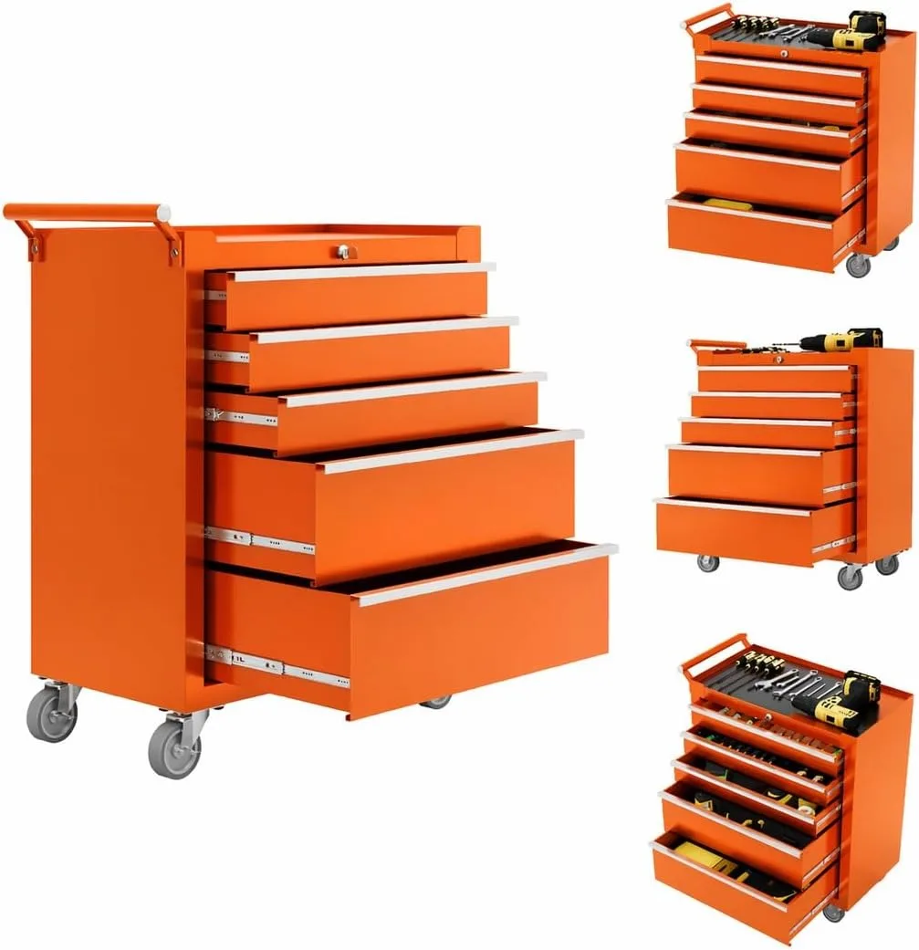 5 Drawer Rolling Tool Chest with Wheels, Locking Tool Storage Cabinet Cart with Drawer Liners, Portable Metal Toolbox Organizer for Garage Workshop Repair