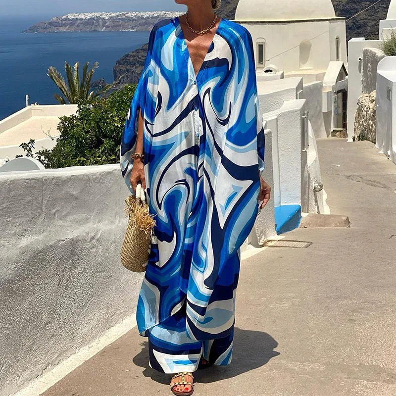 Women's New Fashion Casual Bat-sleeved Long-sleeved Shirt Wide-leg Trousers Tie-dye Printed V-neck Single-breasted Two-piece Set