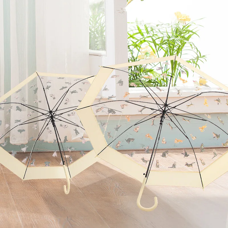 Cute Transparent Umbrella Girls Long Handle Korean Style Umbrella Woman Big Size Dog Cat Rain Umbrella Windproof Strong