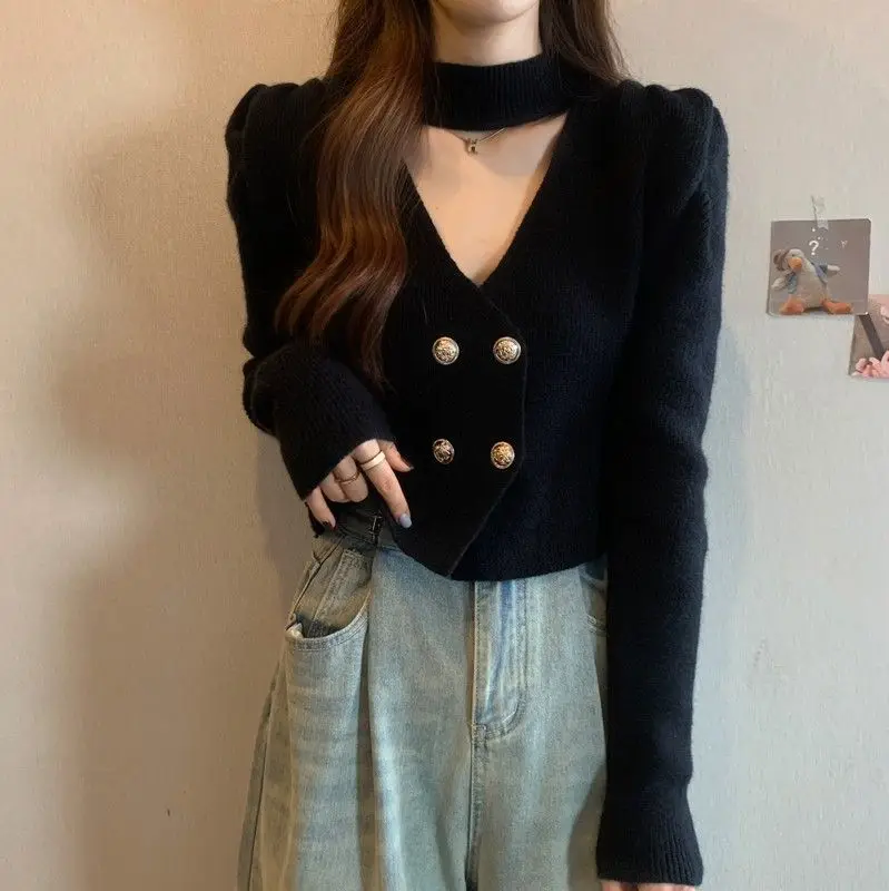 MEXZT Cropped Knitted Cardigan Women Sexy Black V Neck Sweater Coat Winter Korean White Halter Long Sleeve Knitwear Slim Jumpers