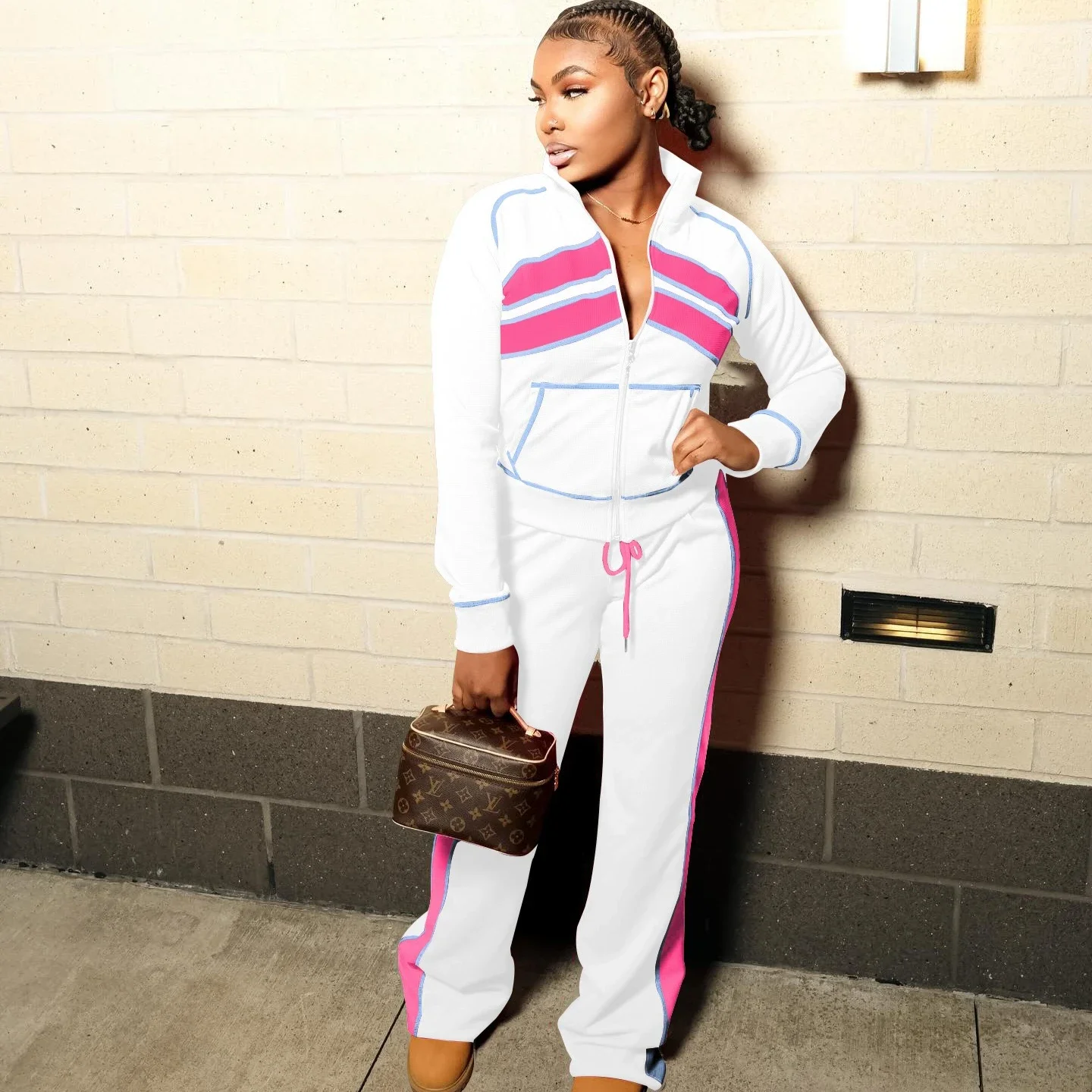 خريف جديد أزياء رياضية امرأة 2 قطعة مجموعة الزي شريطية المرقعة سستة المحاصيل سترة وسراويل رياضية الشارع الشهير