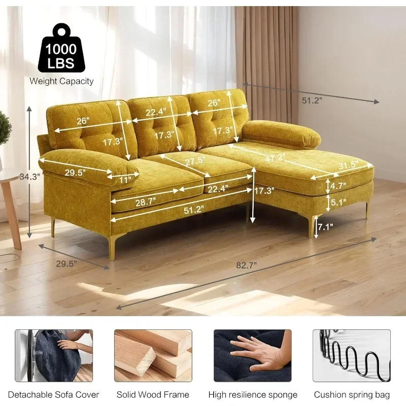 Sofa mit hochklappbarem Liegestuhl, umwandelbares Sofagarnitur, modernes Chenille-Sofa für Wohnzimmer, Wohnung und Büro