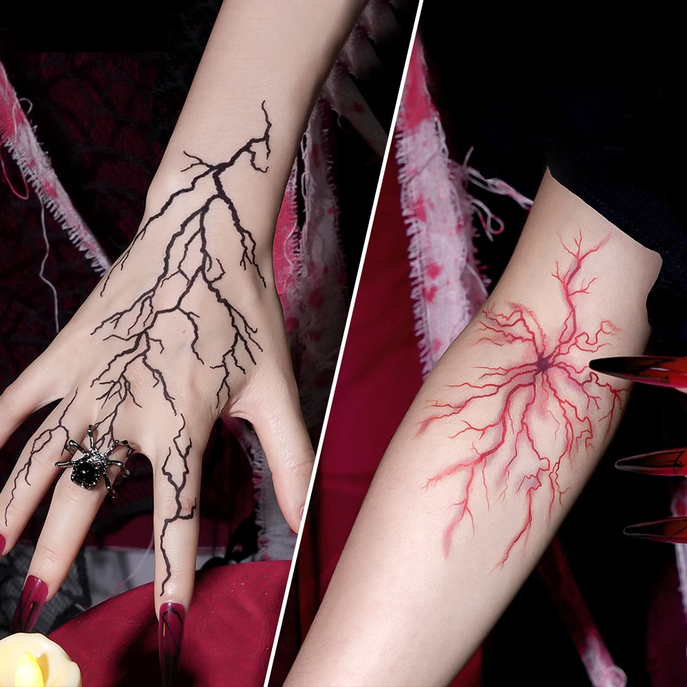 4Sheets Waterproof Halloween Crack Vein Temporary Tattoo Stickers Scary Black Crack Red Blood Vessel Fake Tattoo for Hand Cospla