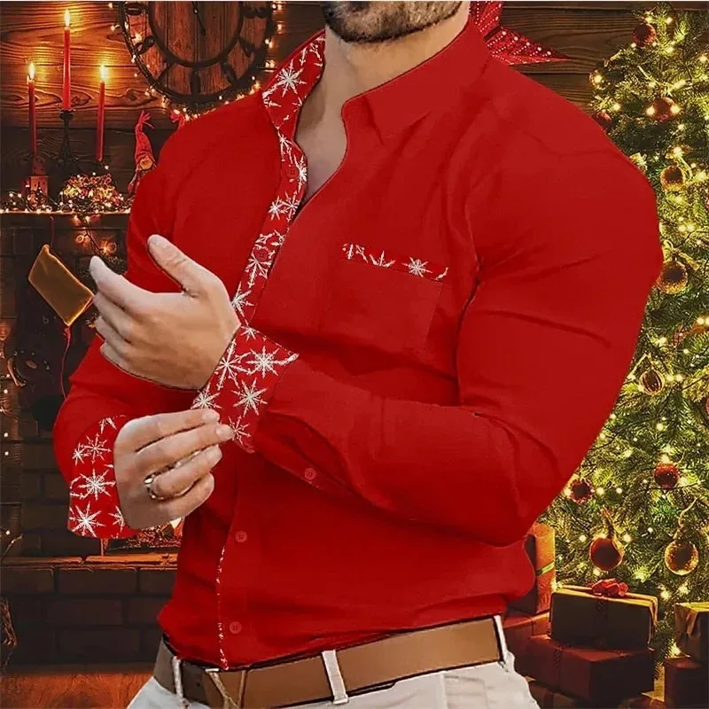 Men's Long Sleeved Shirt  Christmas Elements  Solid Color  Snowflake Print  Comfortable And Fashionable Family Party men's Style