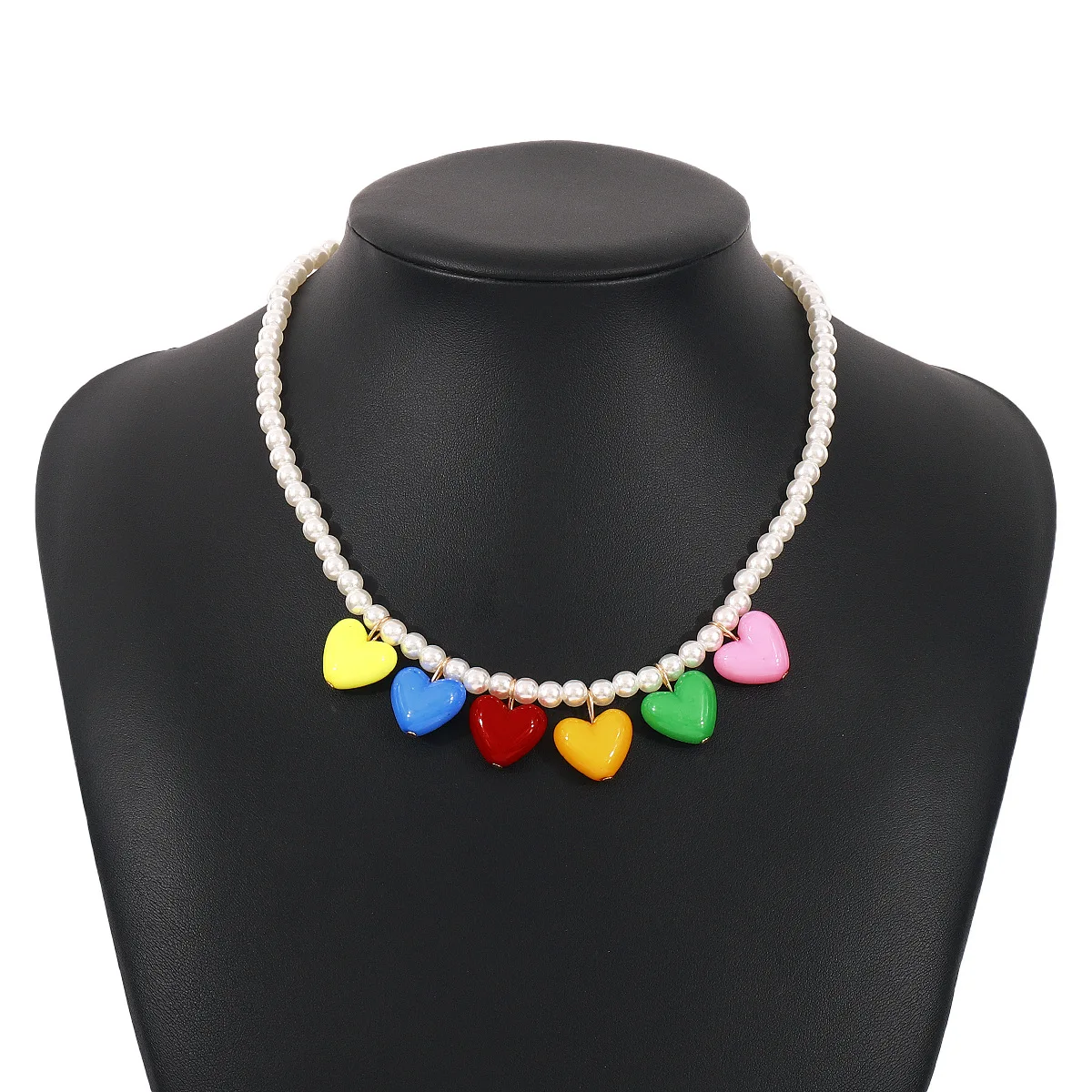 

Rainbow Heart Pendant Fake Pearl Beaded Nelace Y2K Cute Simple Matching Accories Faion Jewelry Pearl round Bead Chain