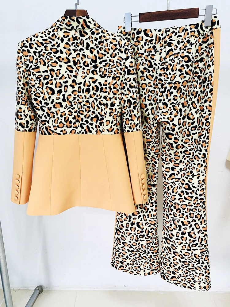 Women's Suit New Birthday Party Dress Leopard Print Color Matching One Button Blazer+Bell Pants Set Two Piece