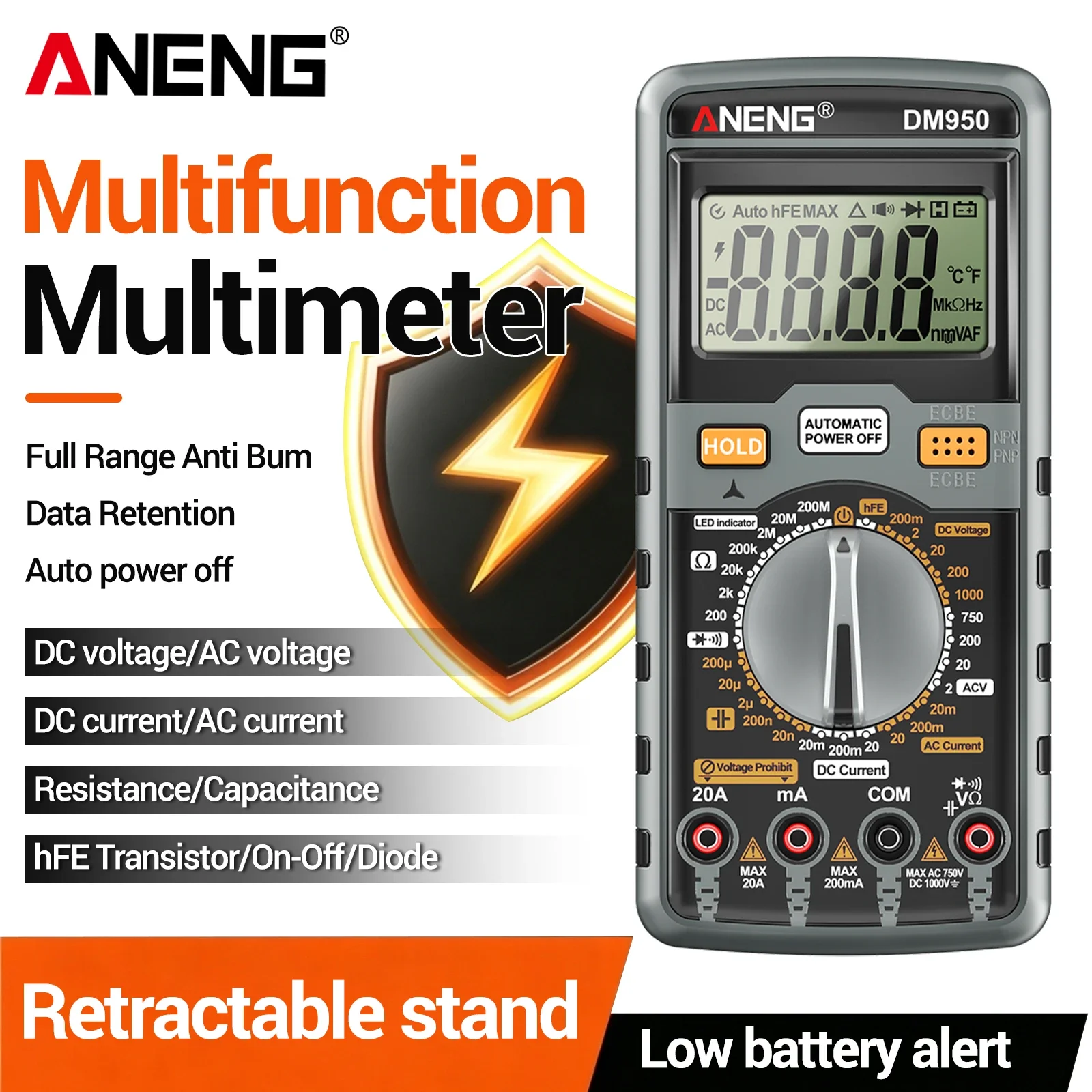 ANENG DM950 Digital Multimeter 1999 Counting AC/DC Voltage/Current Ohmic Capacitor HFE Diode Tester Data Retention Free Shipping