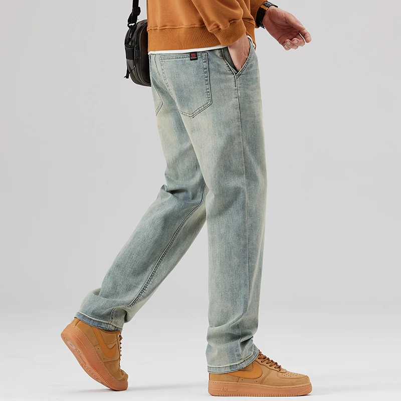 Retro Nostalgic Mud Yellow Men's Straight Leg Loose Jeans Autumn New Korean Casual Mid High Waist Large Size Denim Pants 29-42