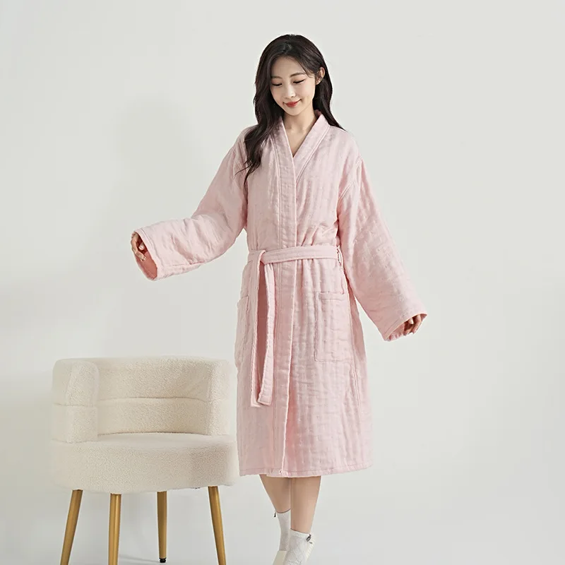 100% Cotton 4 Layers Gauze Kimono Robe New Women And Men V Neck Basic Bathrobe Nightgown Home Clothes Solid Hotal SPA Robes