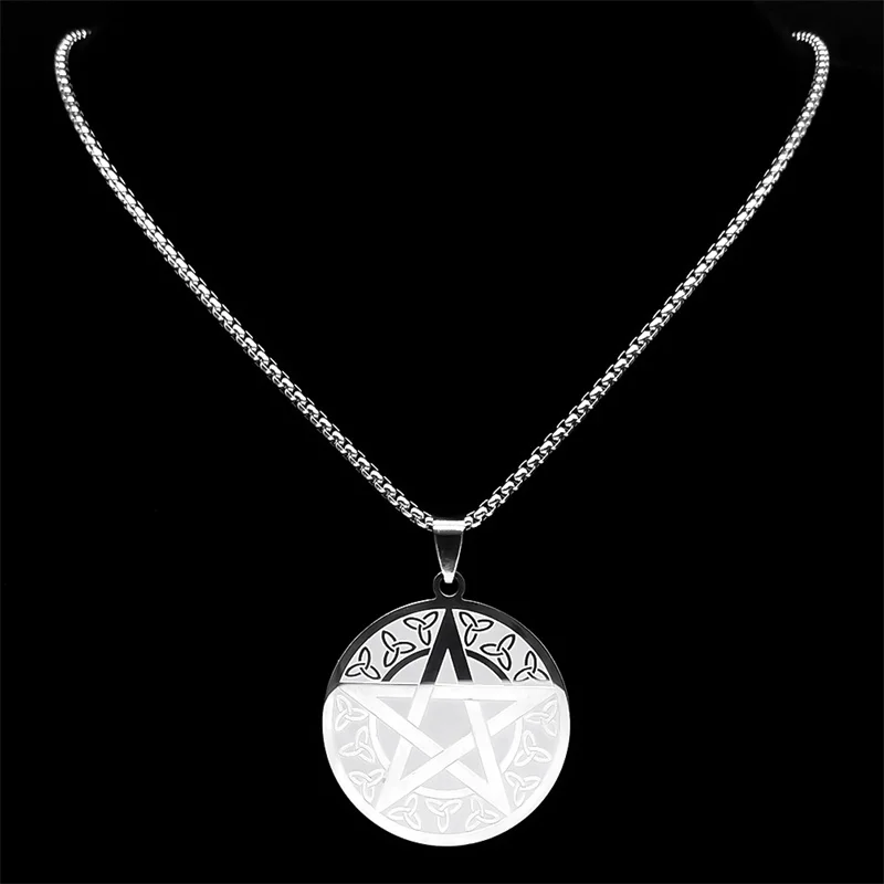 

Witch Knot Pentagram Pendant Necklace for Women Men Stainless Steel Silver Color Wicca Star Chain Jewelry collar N2665-6S02