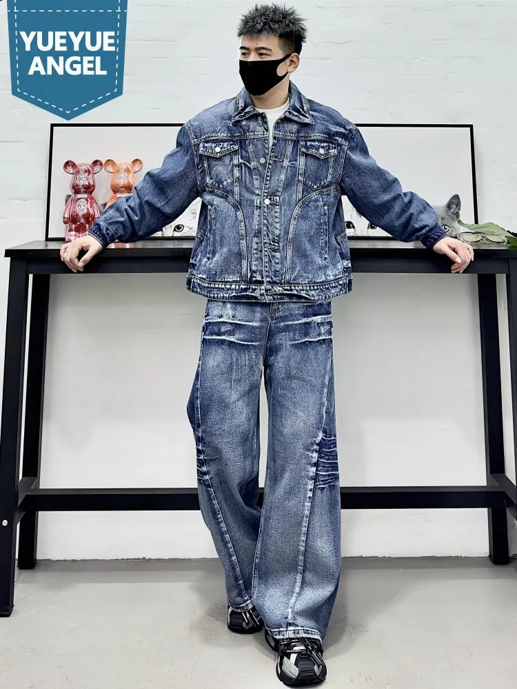 Spring New Mens Denim Two Piece Set Loose Fit Jacket Jeans Matching Sets Vintage Safari Style Casual Cargo Pants Cowboy Outfits