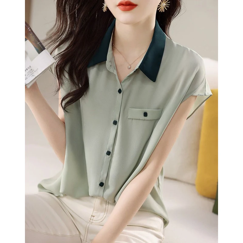 Fashion Lapel Button All-match Short Sleeve Chiffon Shirts Women Clothing 2024 Summer New Loose Casual Tops Office Lady Blouses